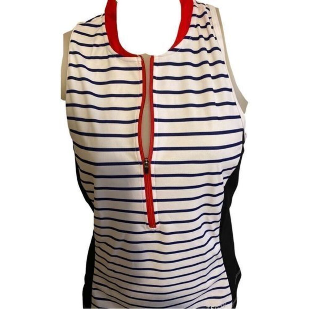 Terry Athletic Top - M striped navy , white , red trim , quarter zip pol…